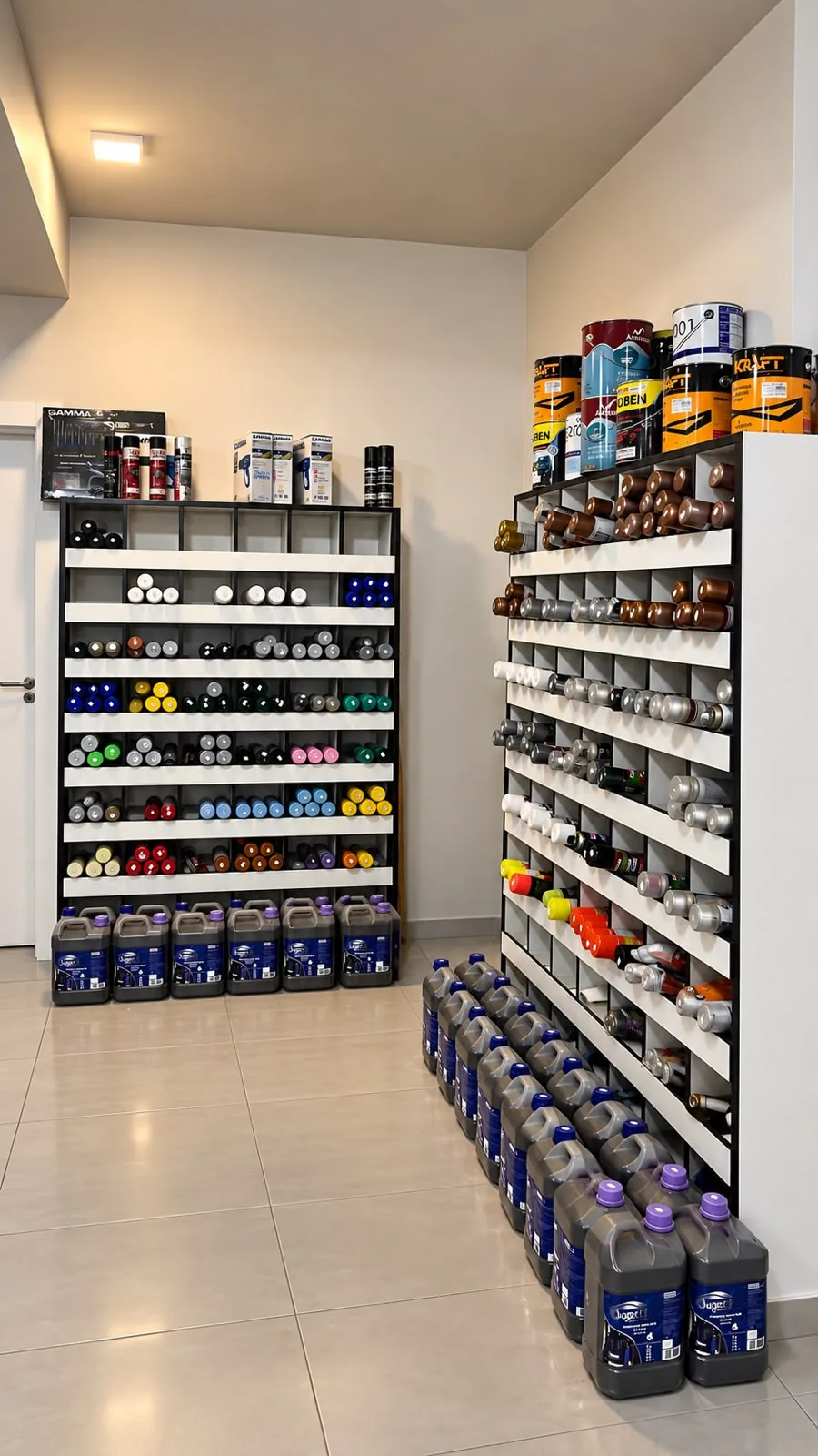 Prateleiras com produtos da Tintas Kan